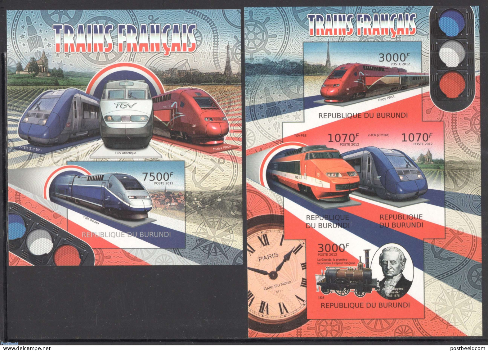 Burundi 2012 French Trains 2 S/s, Imperforated, Mint NH, Transport - Cableways - Railways - Altri (Aria)