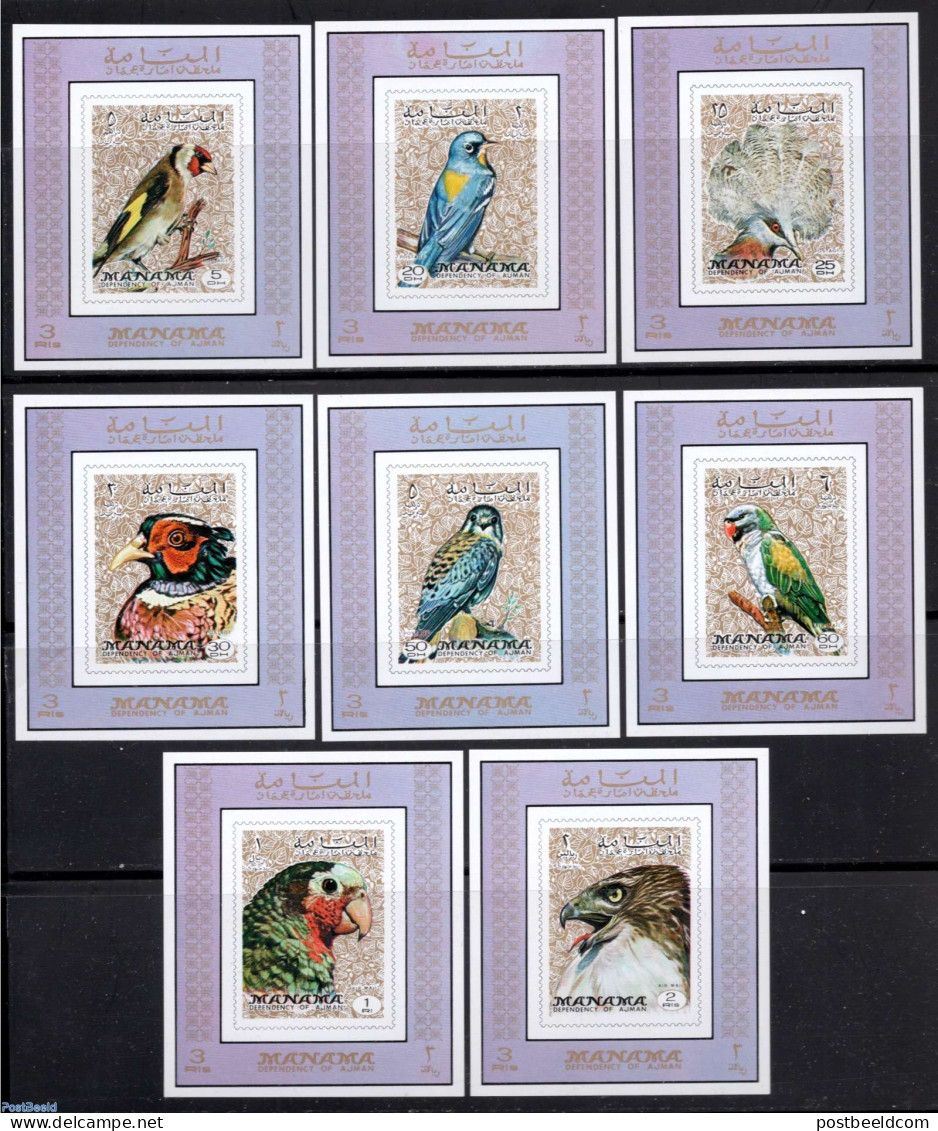 Manama 1972 Birds 8 S/s, Imperforated, Mint NH, Nature - Birds - Birds Of Prey - Parrots - Manama