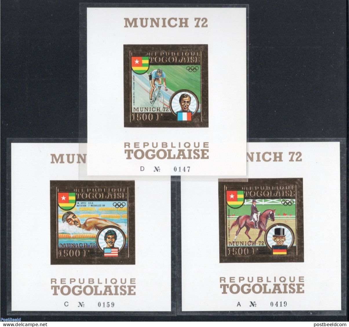 Togo 1973 Olympic Winners 3 S/s, Gold, Imperforate, Mint NH, History - Sport - Germans - Olympic Games - Swimming - Schwimmen
