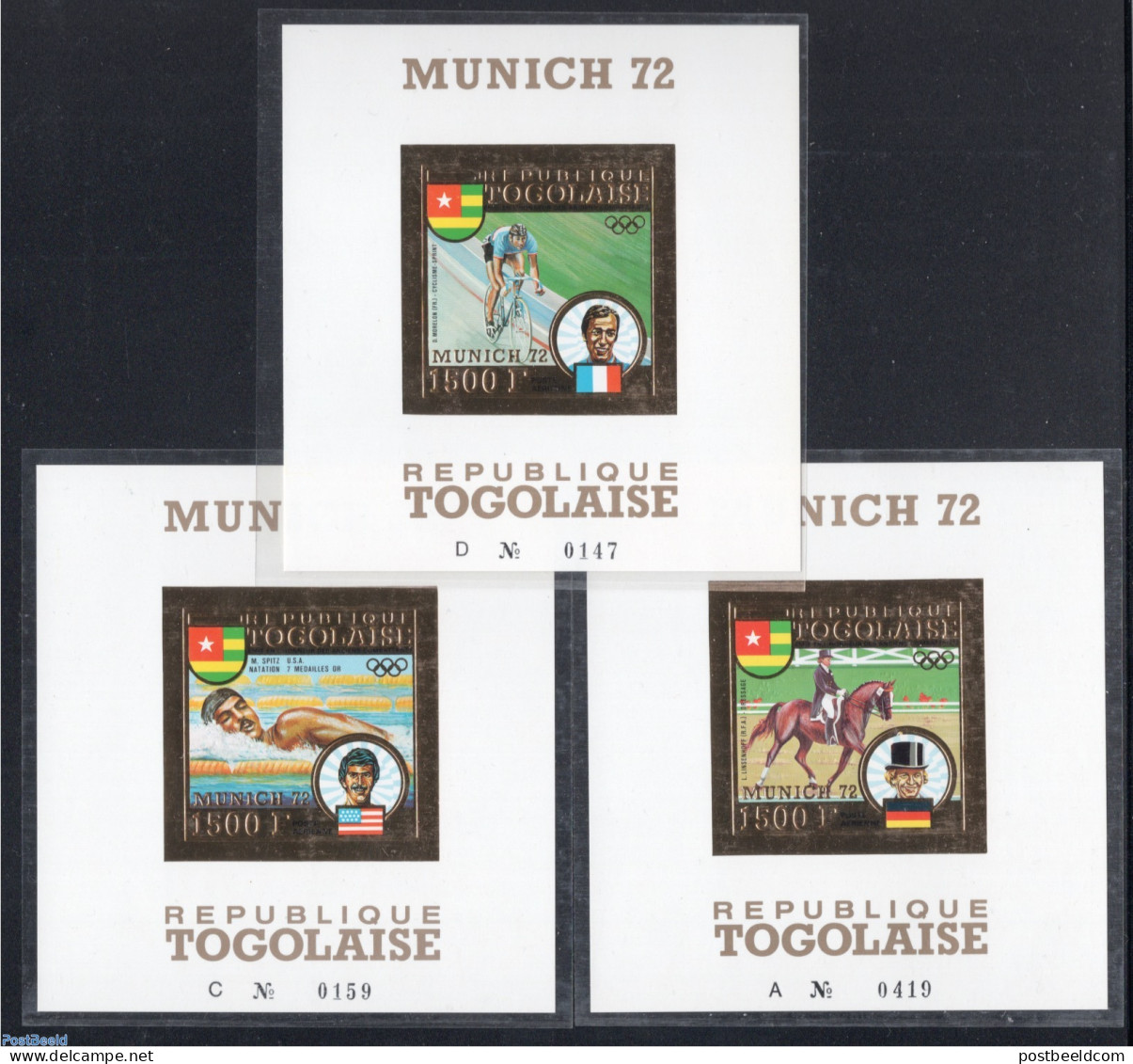 Togo 1973 Olympic Winners 3 S/s, Gold, Imperforate, Mint NH, History - Sport - Germans - Olympic Games - Swimming - Natation