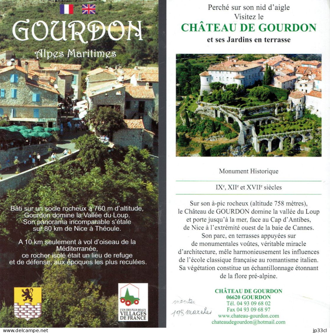 Dépliant Touristique Sur Gourdon (Alpes Maritimes) Avec Fiche Sur Le Château - Dépliants Touristiques