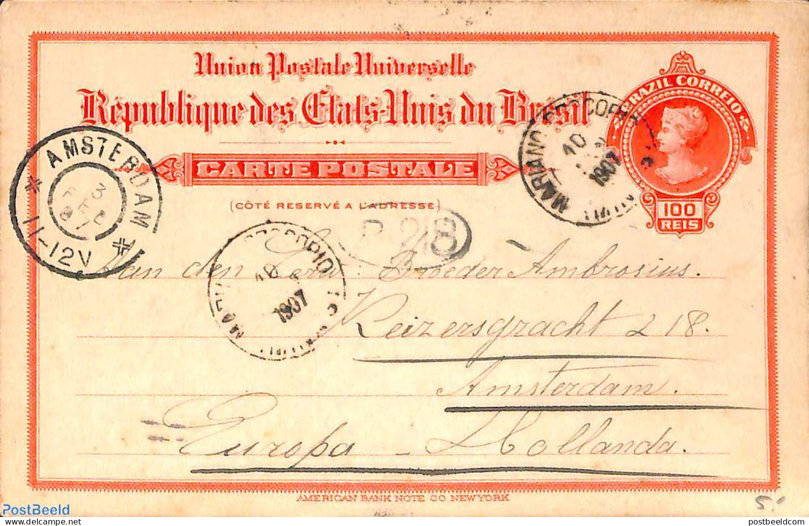 Brazil 1907 Postcard 100r To Holland, Used Postal Stationary - Briefe U. Dokumente