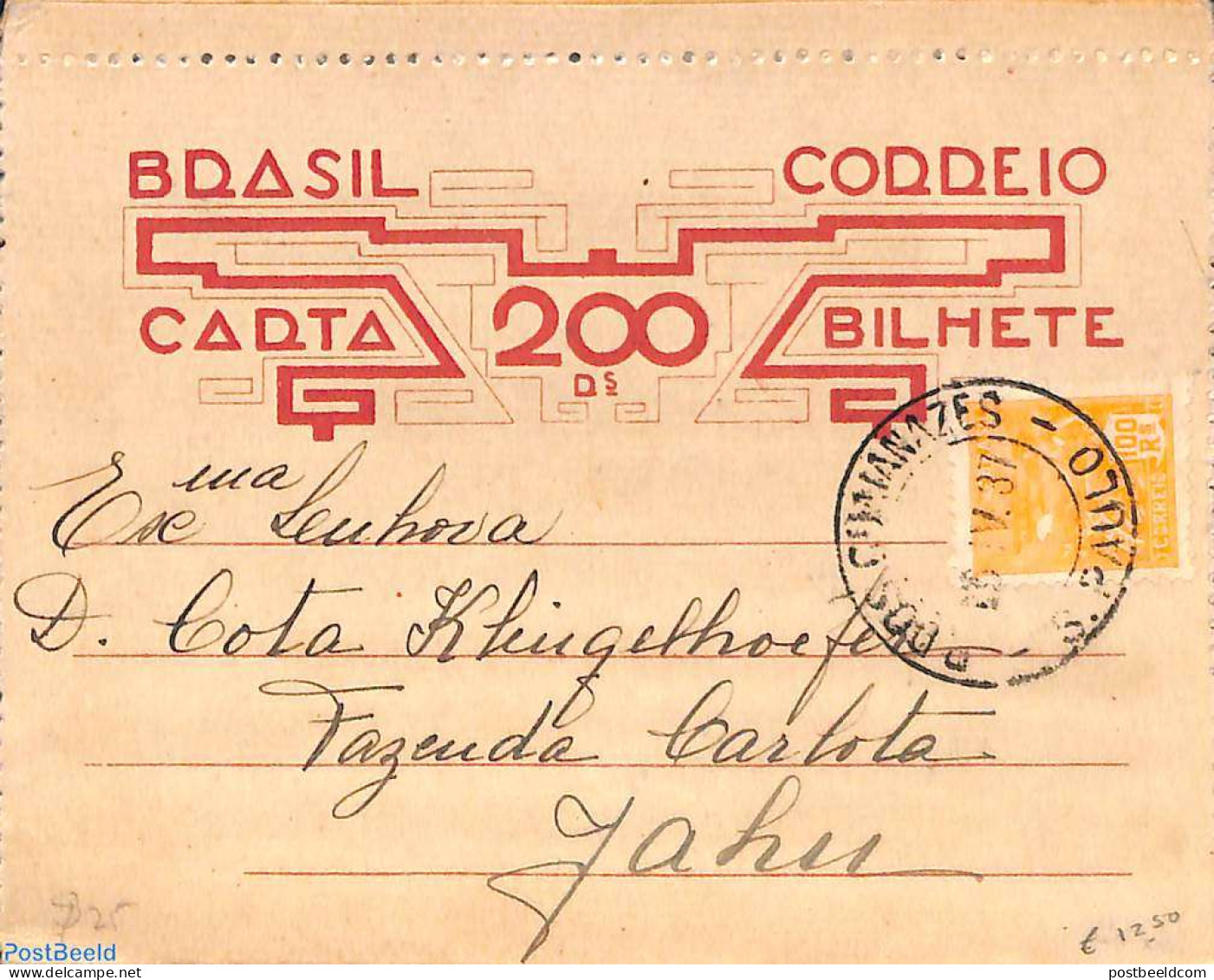 Brazil 1937 Card Letter 20R, Urated To Jahu, Used Postal Stationary - Lettres & Documents
