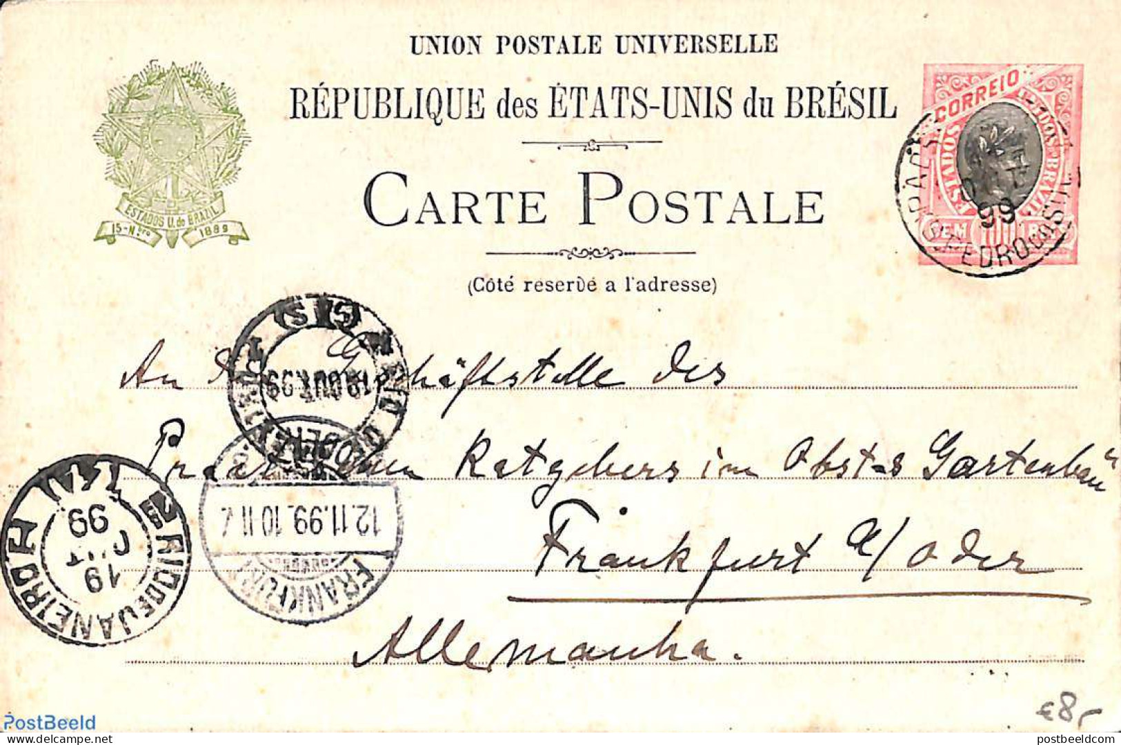 Brazil 1899 Postcard 100r, Used, Used Postal Stationary - Cartas & Documentos