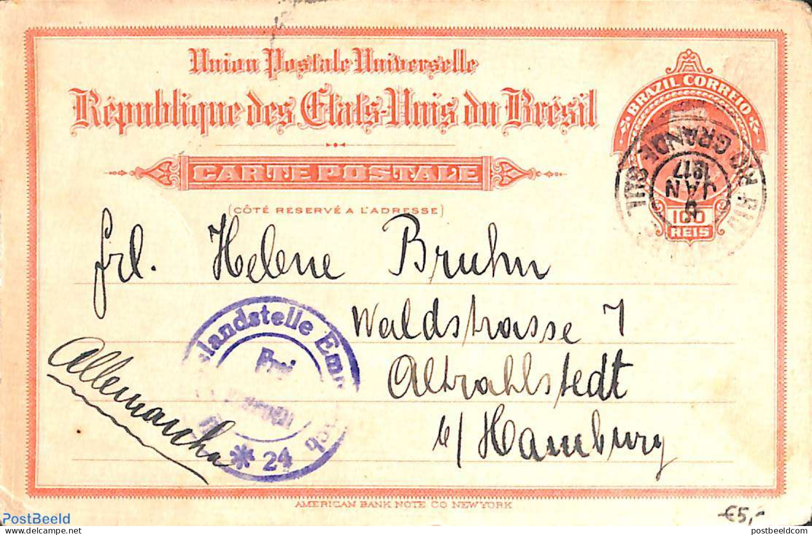 Brazil 1917 Postcard 100R To Hamburg, Used Postal Stationary - Lettres & Documents