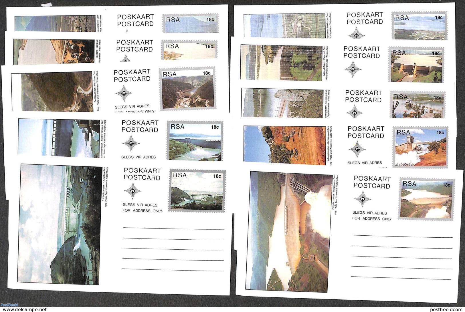 South Africa 1989 Postcard Set Dams 18c (10 Cards), Unused Postal Stationary, Nature - Water, Dams & Falls - Briefe U. Dokumente