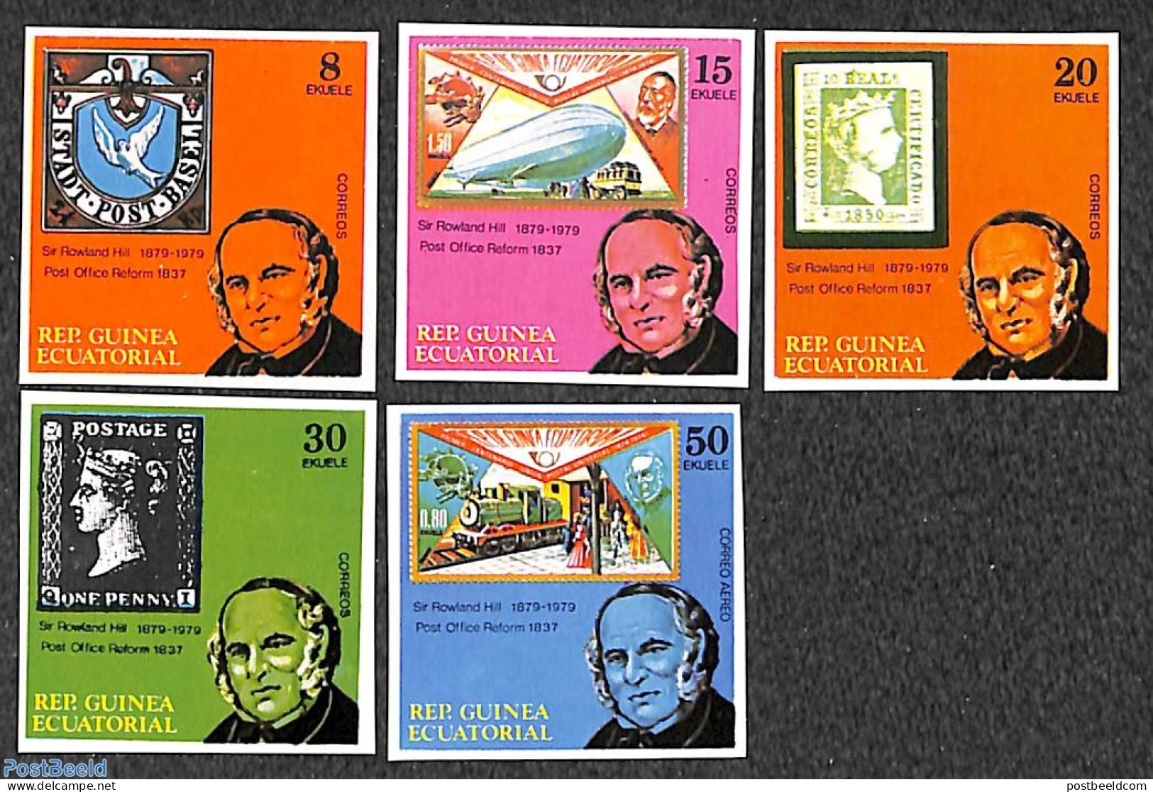 Equatorial Guinea 1979 Sir Rowland Hill 5v, Imperforated, Mint NH, Transport - Sir Rowland Hill - Stamps On Stamps - R.. - Rowland Hill