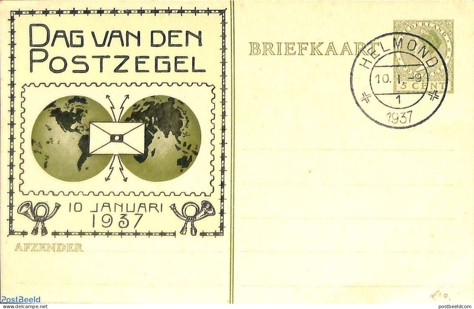 Netherlands, Fdc Stamp Day 1937 Postcard 5c, Stamp Day, Used Postal Stationary, Stamp Day - Día Del Sello