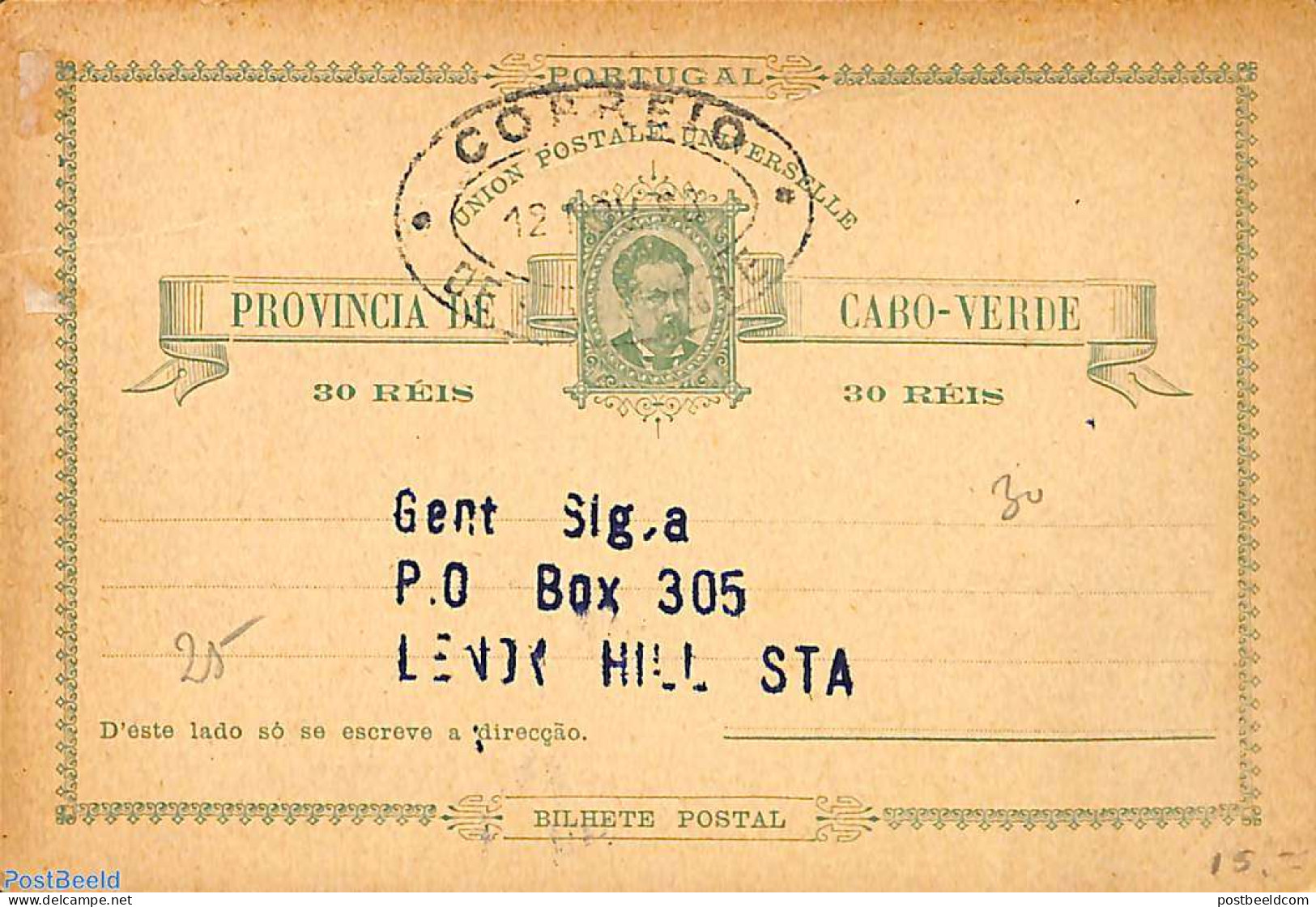 Cape Verde 1898 Postcard 30R, Used Postal Stationary - Isola Di Capo Verde