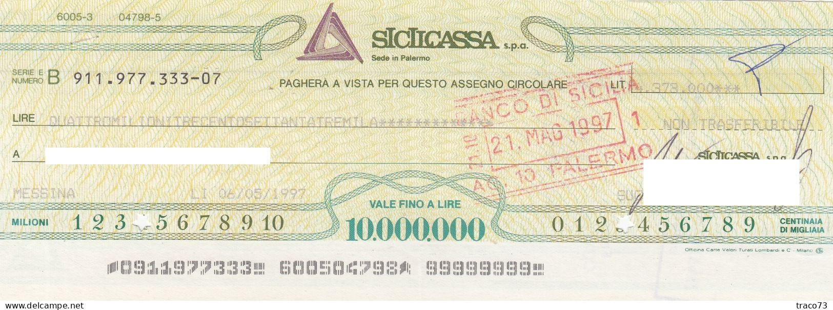 SICILCASSA  /   Assegno CIRCOLARE Fino A Dieci Milioni  - Taglio Fisso Da Dieci Milioni - Sonstige & Ohne Zuordnung