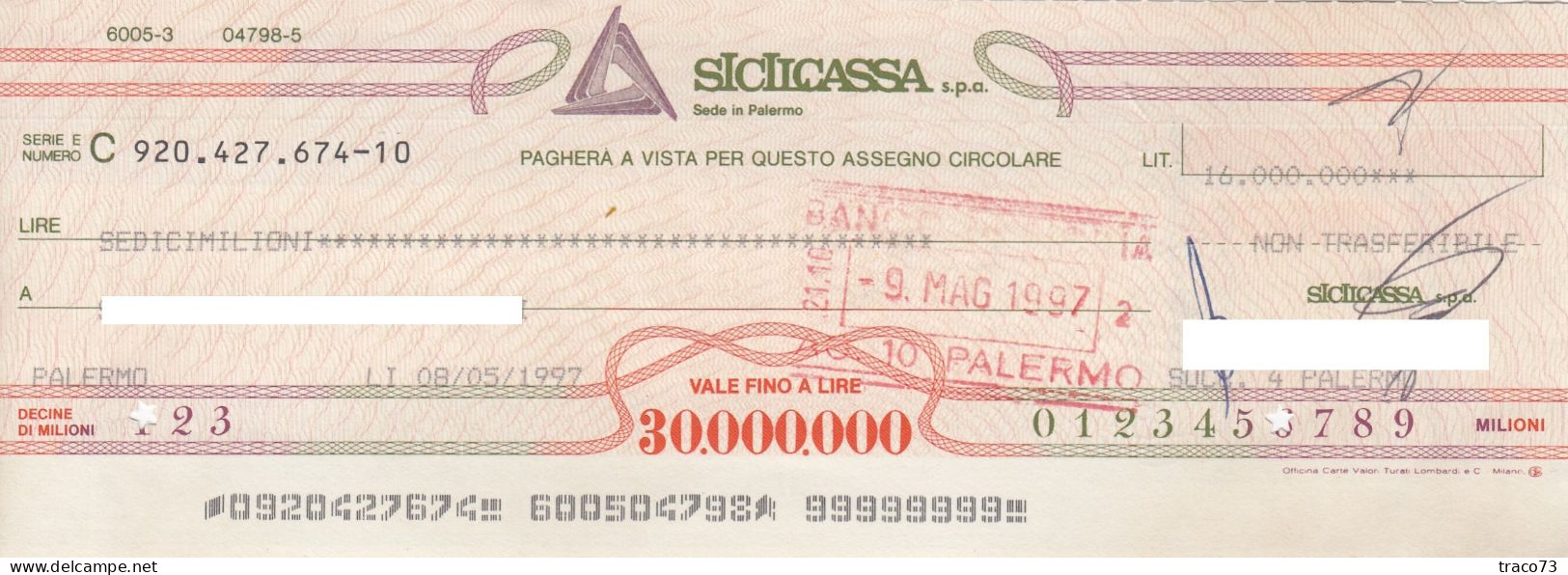 SICILCASSA  /   Assegno CIRCOLARE Fino A Trenta Milioni  - Taglio Fisso Da Trenta Milioni - Otros & Sin Clasificación