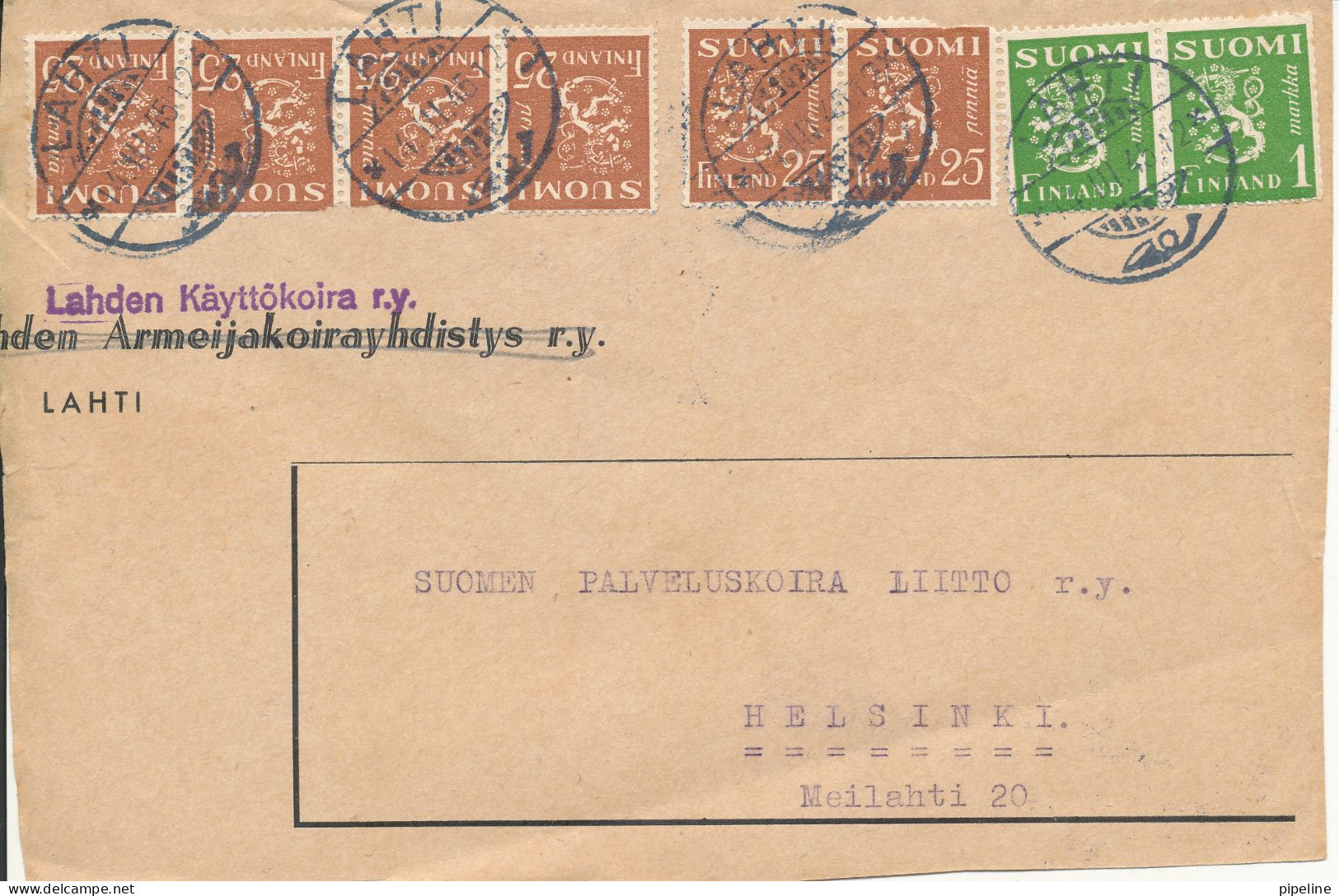 Finland A Piece Of A Cover Lathi 14-3-1945 Sent To Helsinki With 8 Lion Type Stamps - Used Stamps