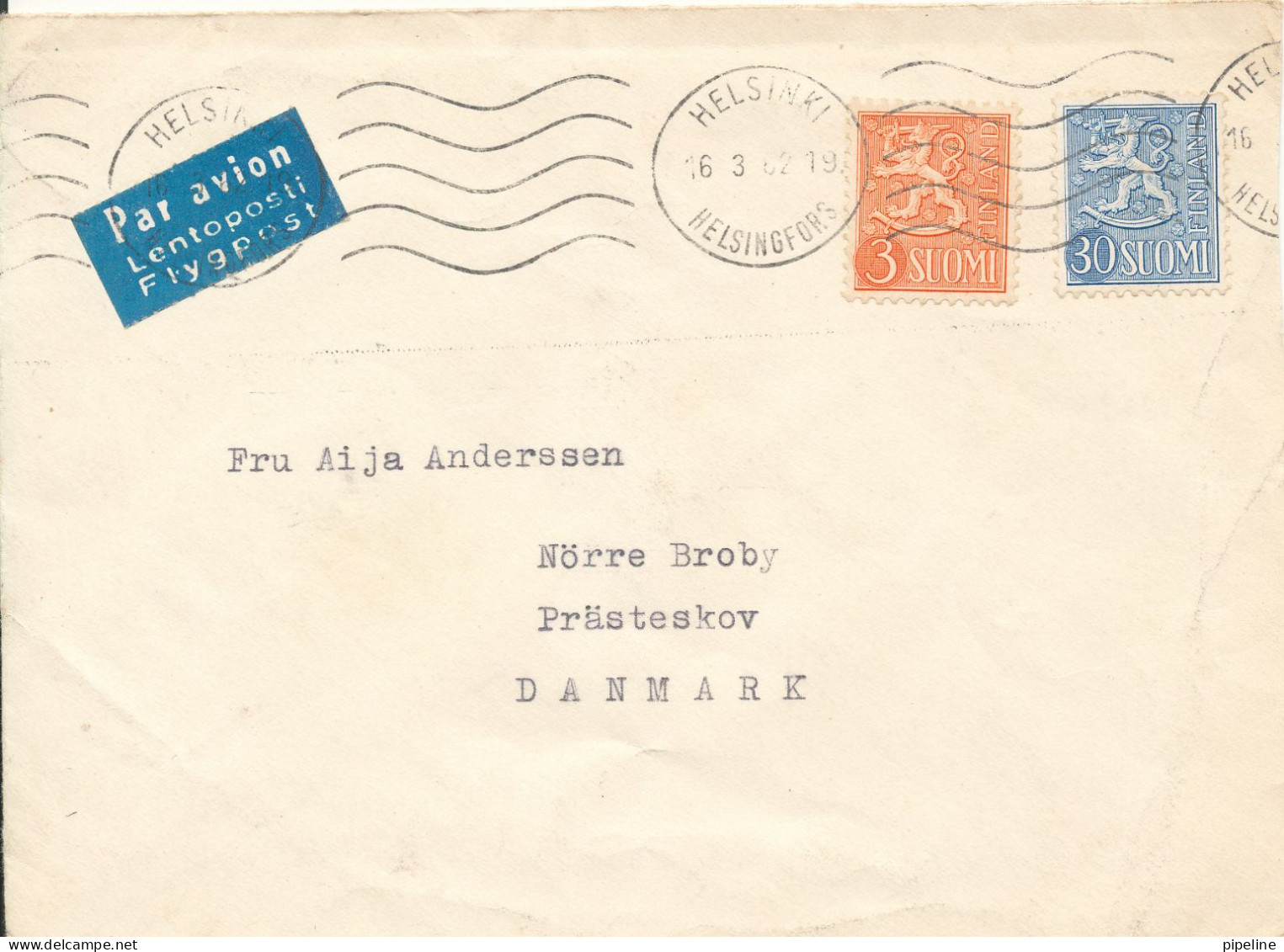 Finland Cover Sent To Denmark Helsinki 16-3-1962 Lion Type Stamps - Covers & Documents