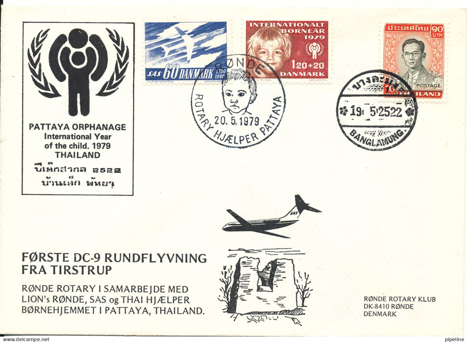 Denmark Flight Cover 20-5-1979 Rönde ROTARY Help Pattaya Thailand Also With A Thailand Stamp - Covers & Documents