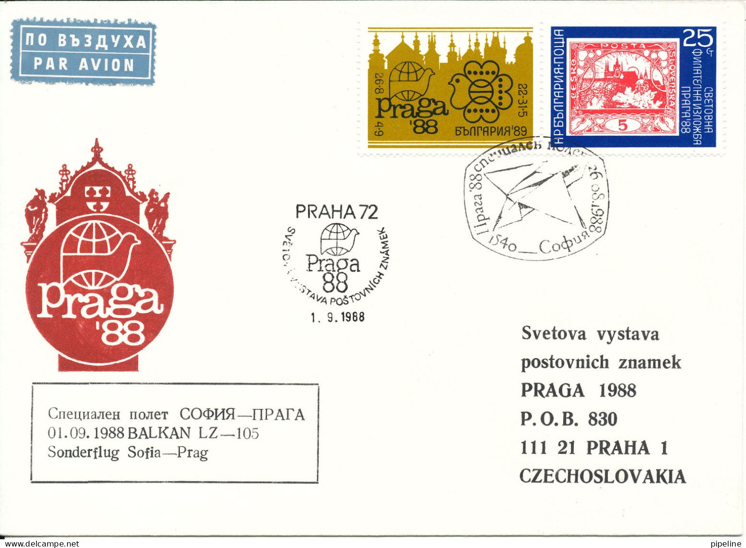 Bulgaria Flight Cover 1-9-1988 From Sofia To Prag Sonderflug Praga 88 - Cartas & Documentos