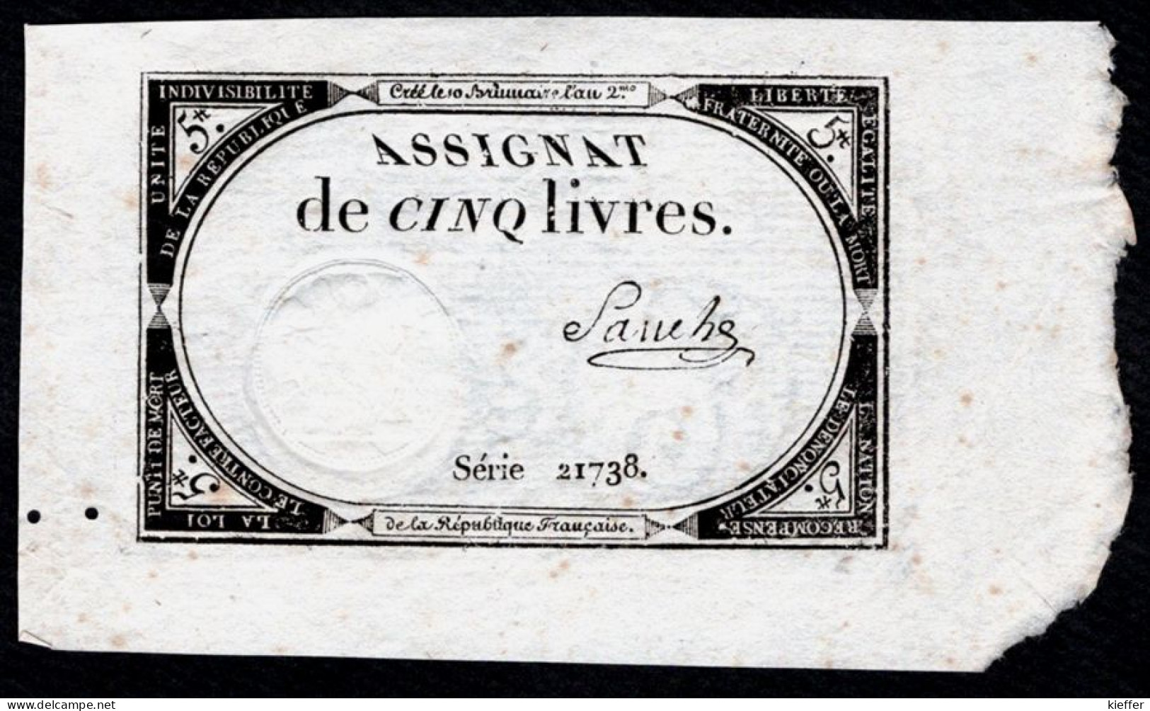 Assignat 5 Livres - 31.10.1793 - Sign. Sanche - TTB+ - Assignate