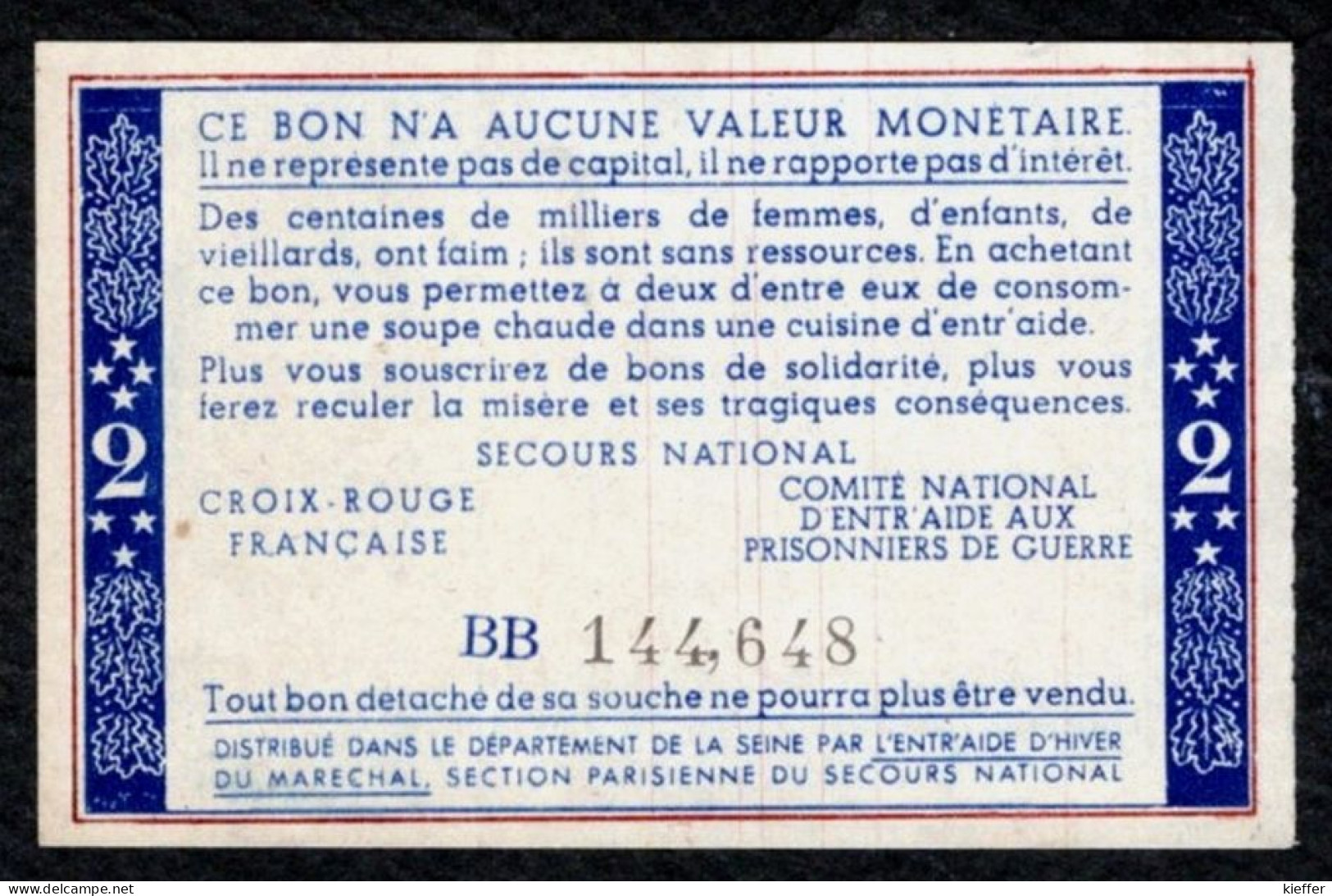 2F Bon De Solidarité Pétain - 1941 - Pr Neuf - Bons & Nécessité