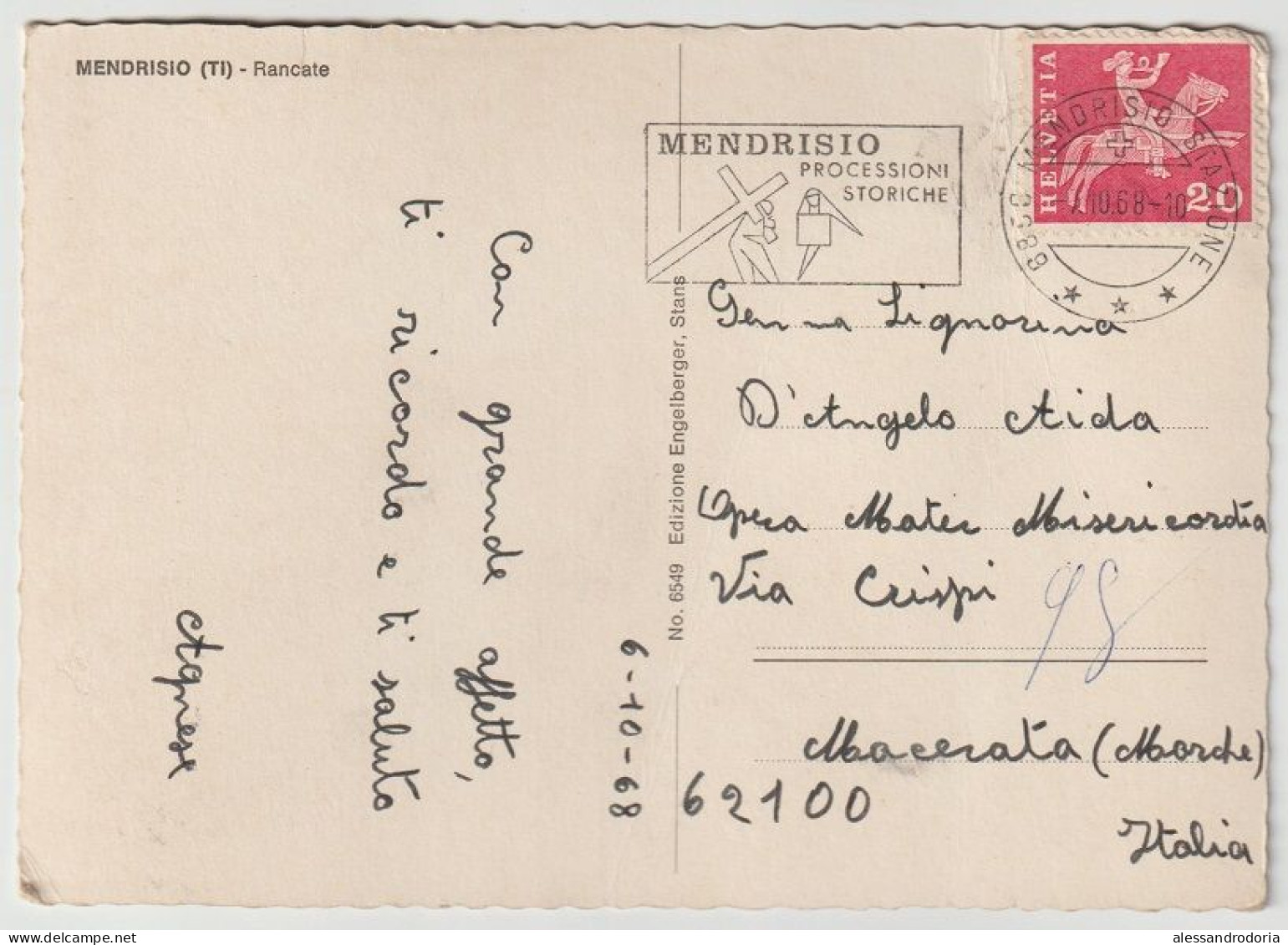 Cartolina Viaggiata Affrancata Mendrisio (TI) Rancate 1968 Helvetia 20 - Mendrisio