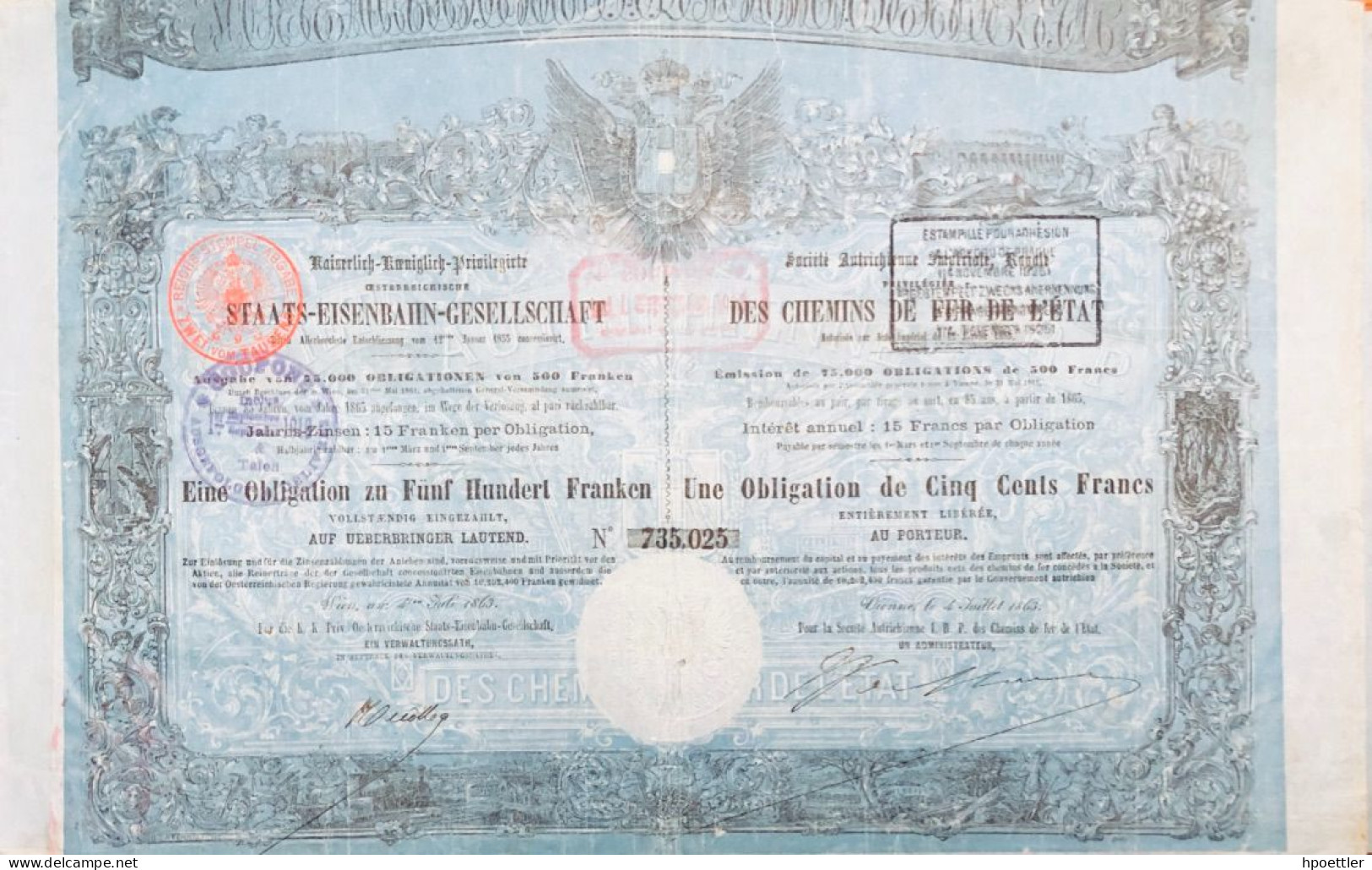 Vienne 1863: Societe Autrichienne Imperiale Royale, Privilegie Des Chemins De Fer De L'Etat - 500 Francs - Chemin De Fer & Tramway