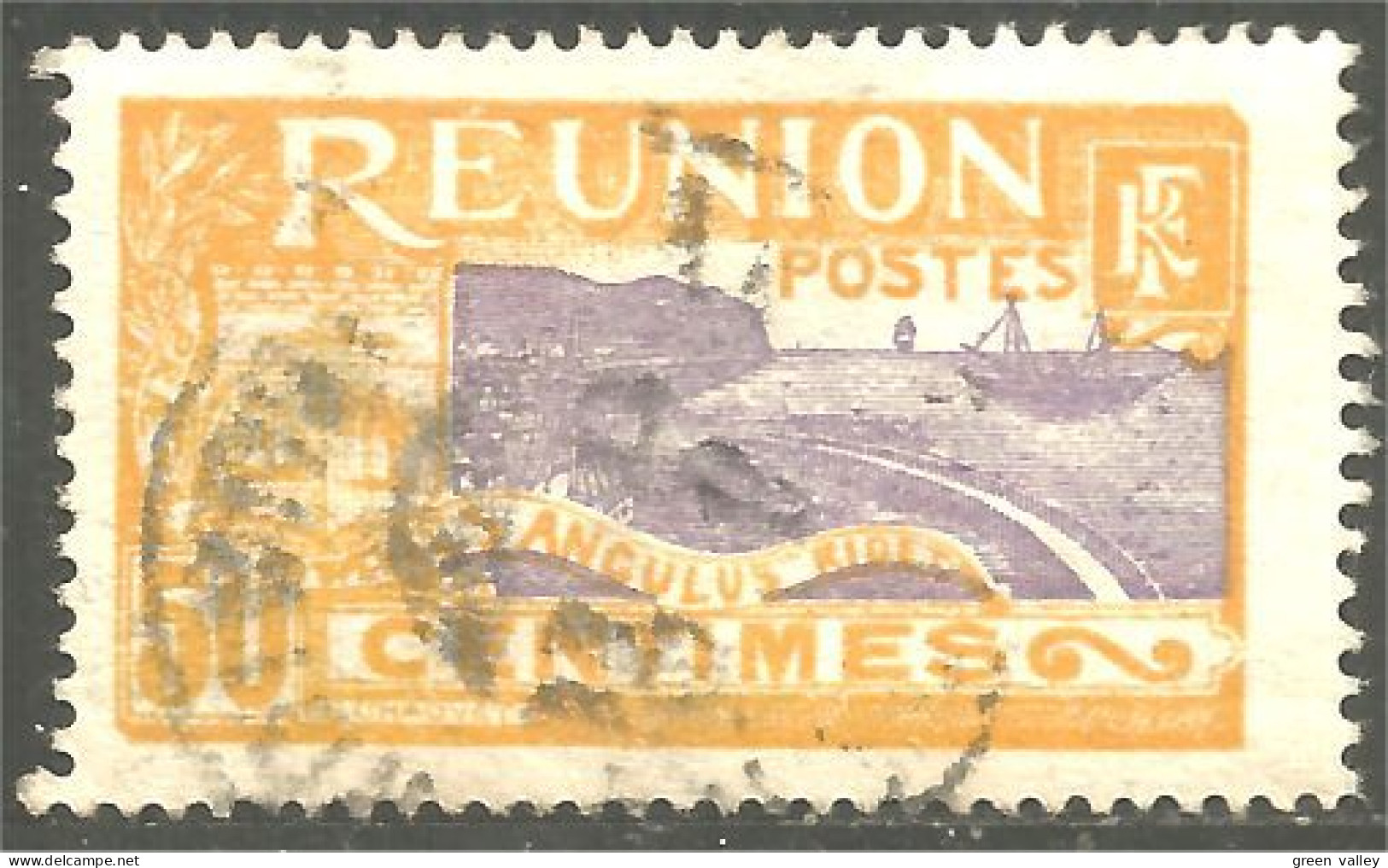 387 Réunion 1907 50c Jaune-violet Rade Saint-Denis Bay Bateau Ship (f3-REU-79) - Oblitérés