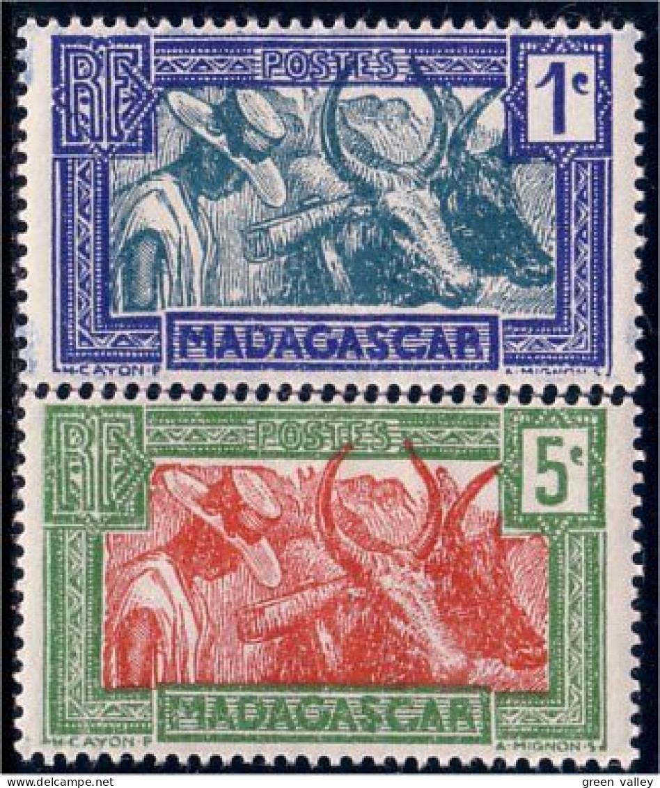 382 Madagascar 1c 5c Zebus Oxen Pulling Cart MH * Neuf (f3-MDG-6) - Vaches