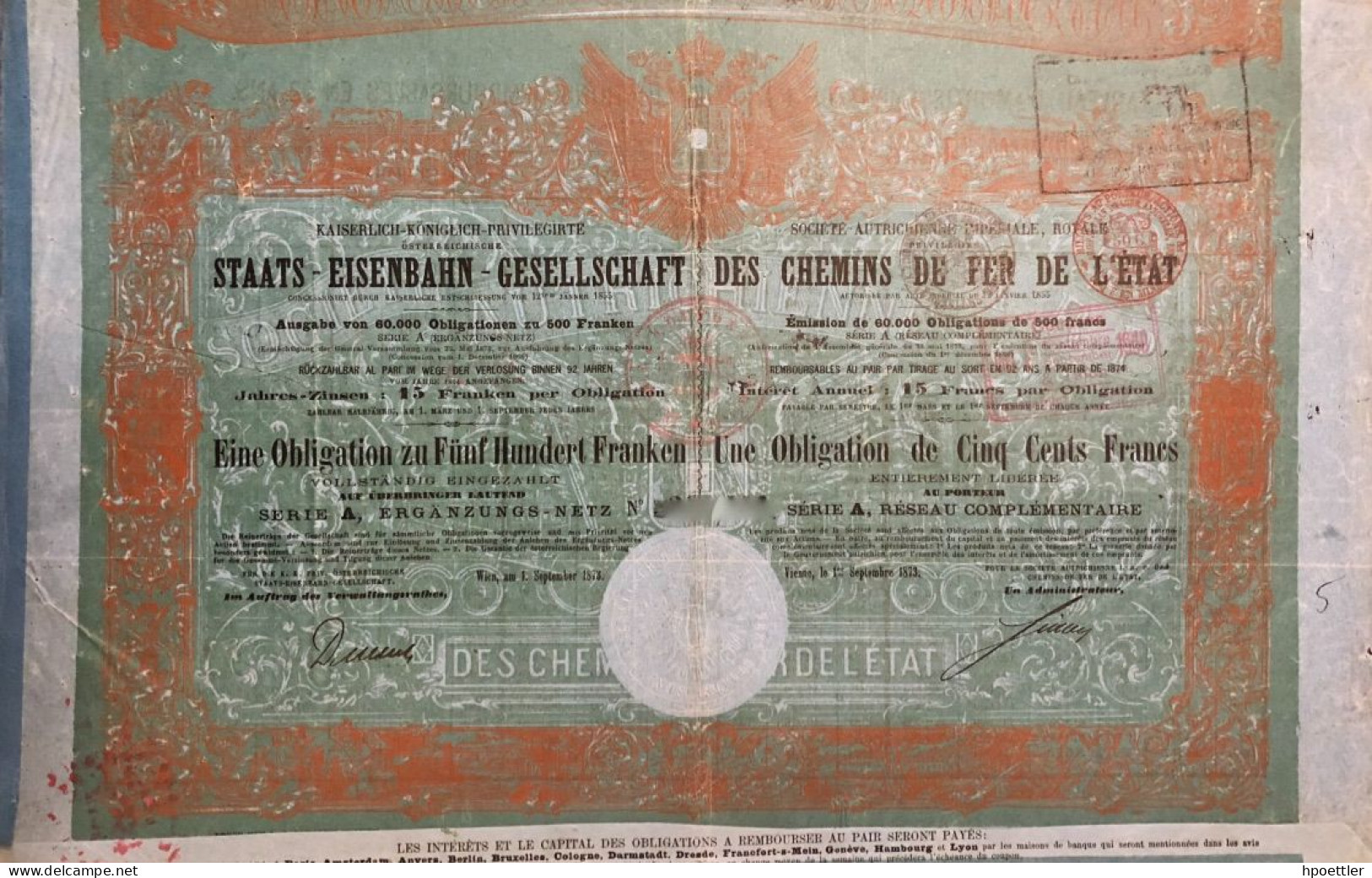 Vienne 1873: Societe Autrichienne Imperiale Royale, Privilegie Des Chemins De Fer De L'Etat - 500 Francs - Ferrocarril & Tranvías