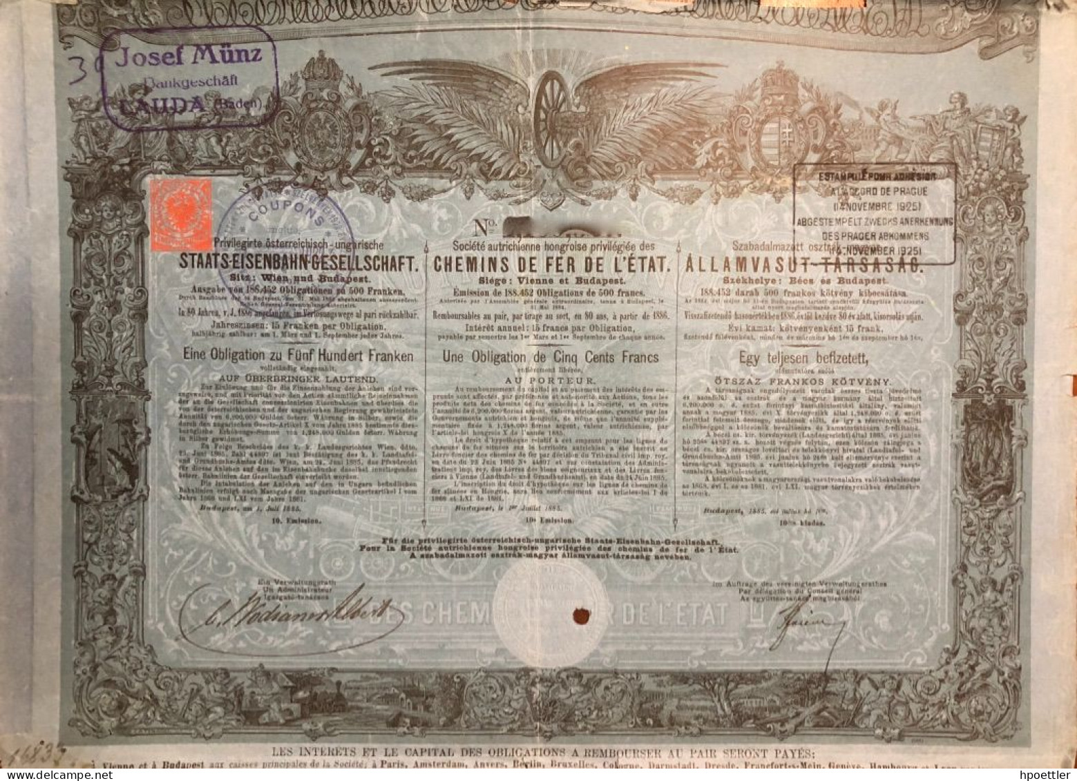 Vienne 1885: 2 X Societe Autrichienne Imperiale Royale, Privilegie Des Chemins De Fer De L'Etat - 500 Francs - Bahnwesen & Tramways