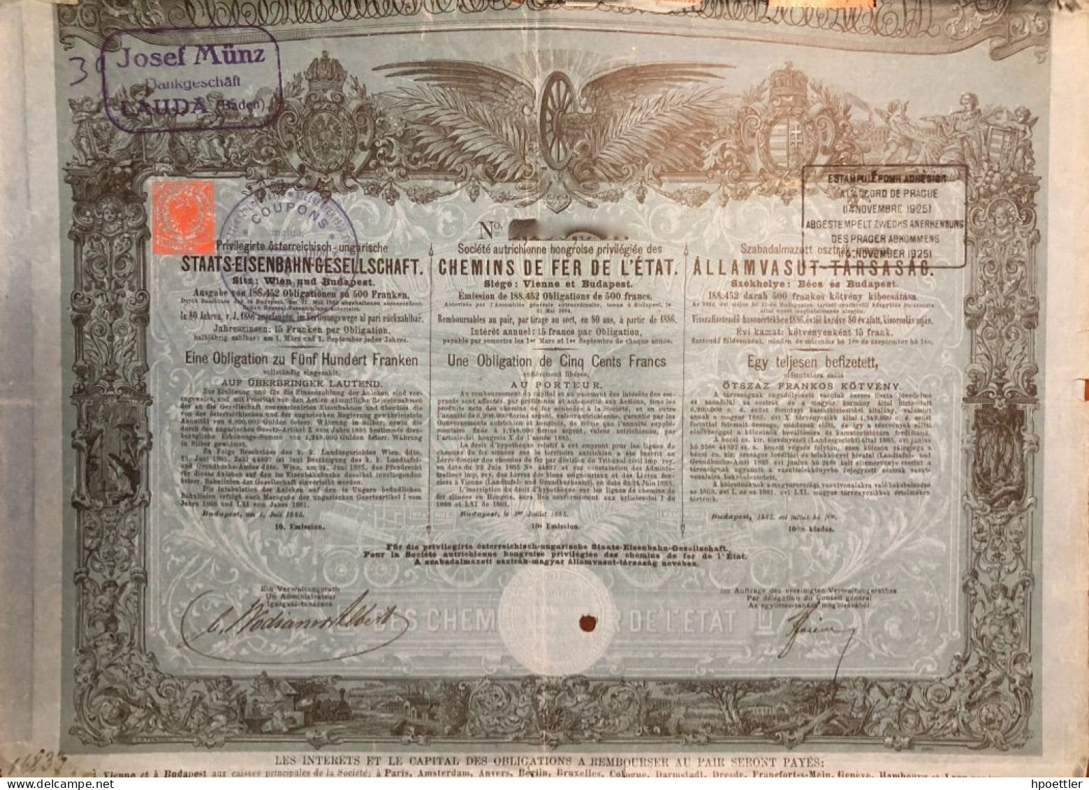 Vienne 1885: 2 X Societe Autrichienne Imperiale Royale, Privilegie Des Chemins De Fer De L'Etat - 500 Francs - Chemin De Fer & Tramway