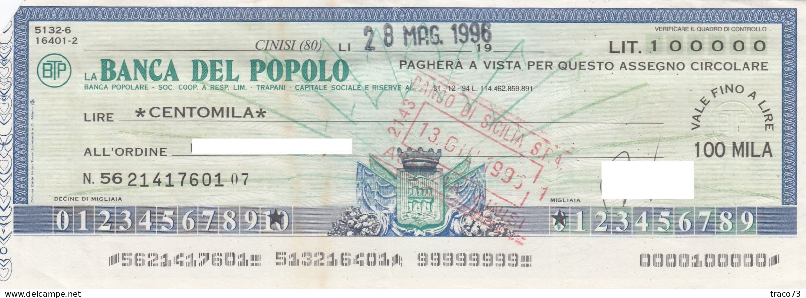 BANCA  DEL POPOLO  /  Assegno Circolare _ Fino A Lire 100.000 - Other & Unclassified