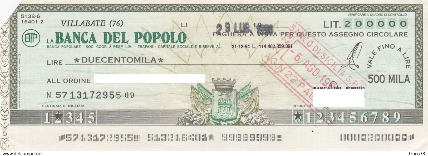 BANCA  DEL POPOLO  /  Assegno Circolare _ Fino A Lire 500.000 - Autres & Non Classés