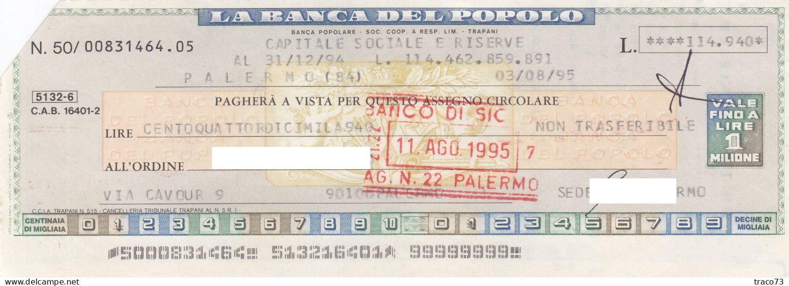 BANCA  DEL POPOLO  /  Assegno Circolare _ Fino A Lire 1.000.000 - Autres & Non Classés