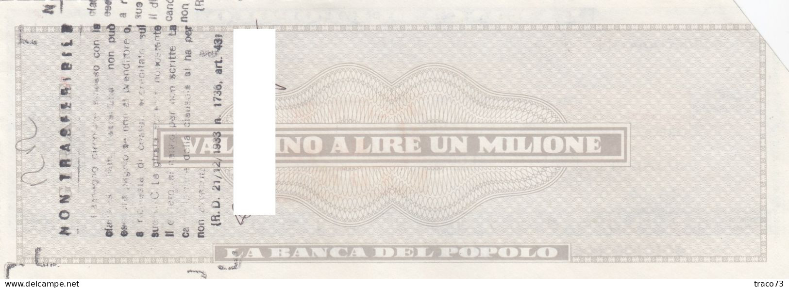 BANCA  DEL POPOLO  /  Assegno Circolare _ Fino A Lire 1.000.000 - Autres & Non Classés