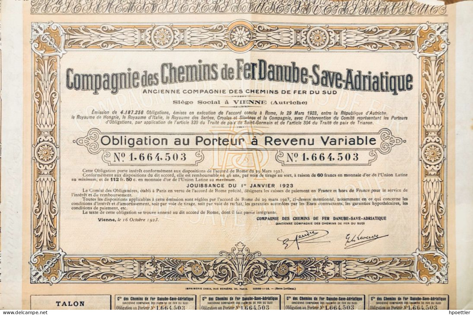 Vienne 1923: Compagnie Des Chemins De Fer Danube - Save - Adriatique - Avec Coupons - Spoorwegen En Trams