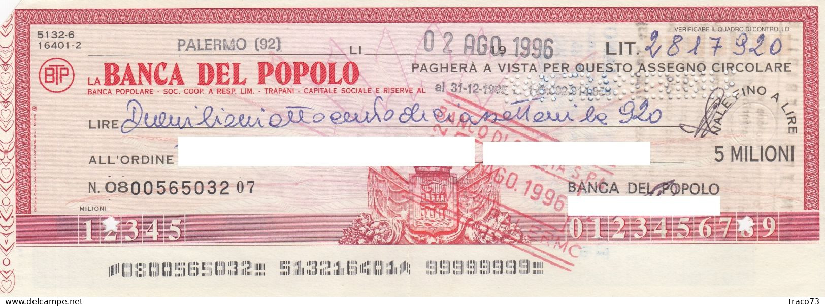 BANCA  DEL POPOLO  /  Assegno Circolare _ Fino A Lire 5.000.000  Perfin - Altri & Non Classificati