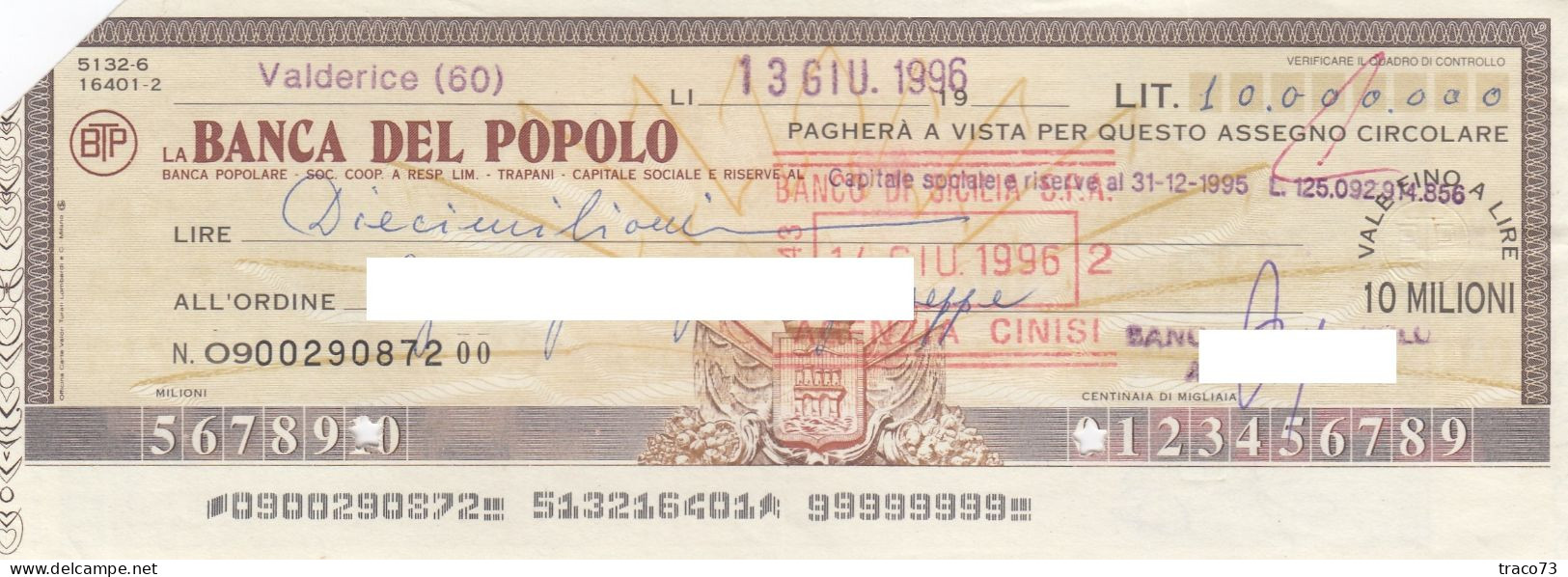 BANCA  DEL POPOLO  /  Assegno Circolare _ Fino A Lire 10.000.000 - Other & Unclassified