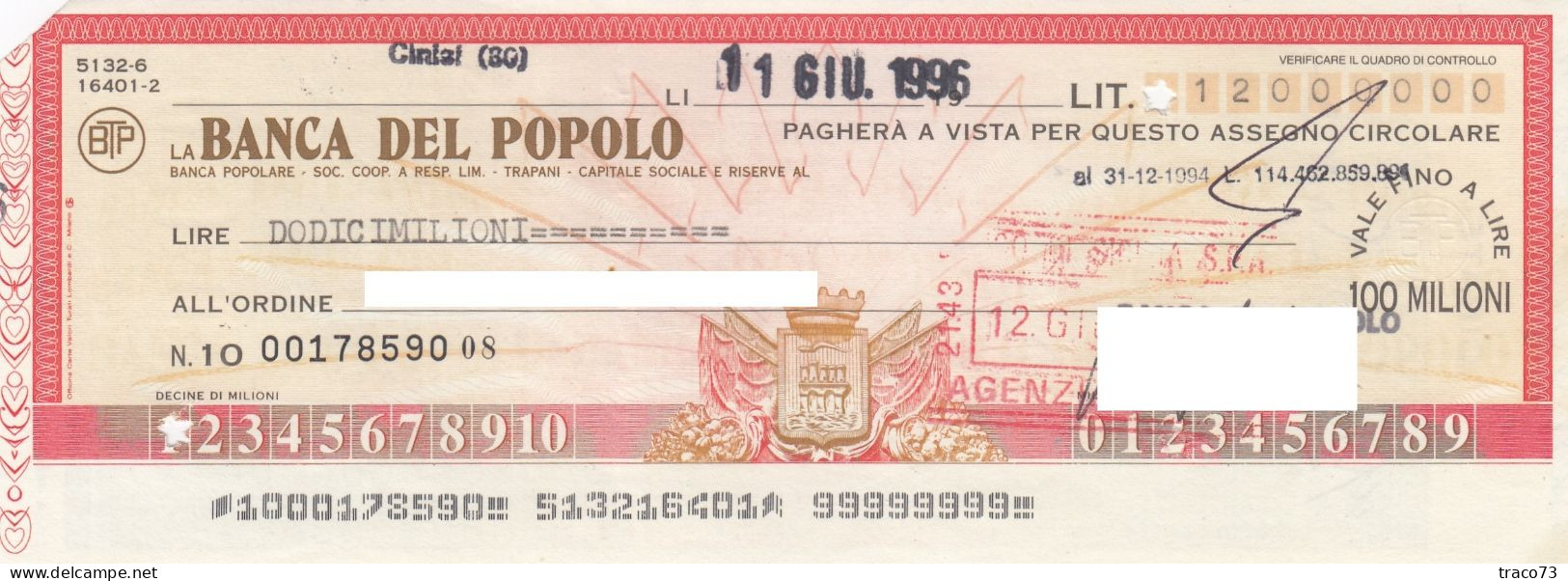 BANCA  DEL POPOLO  /  Assegno Circolare _ Fino A Lire 100.000.000 - Andere & Zonder Classificatie