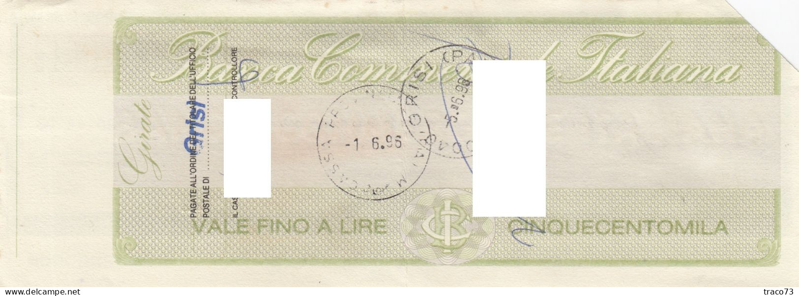 BANCA COMMERCIALE ITALIANA  /  Assegno Circolare_ Fino A 500.000 Lire - Other & Unclassified