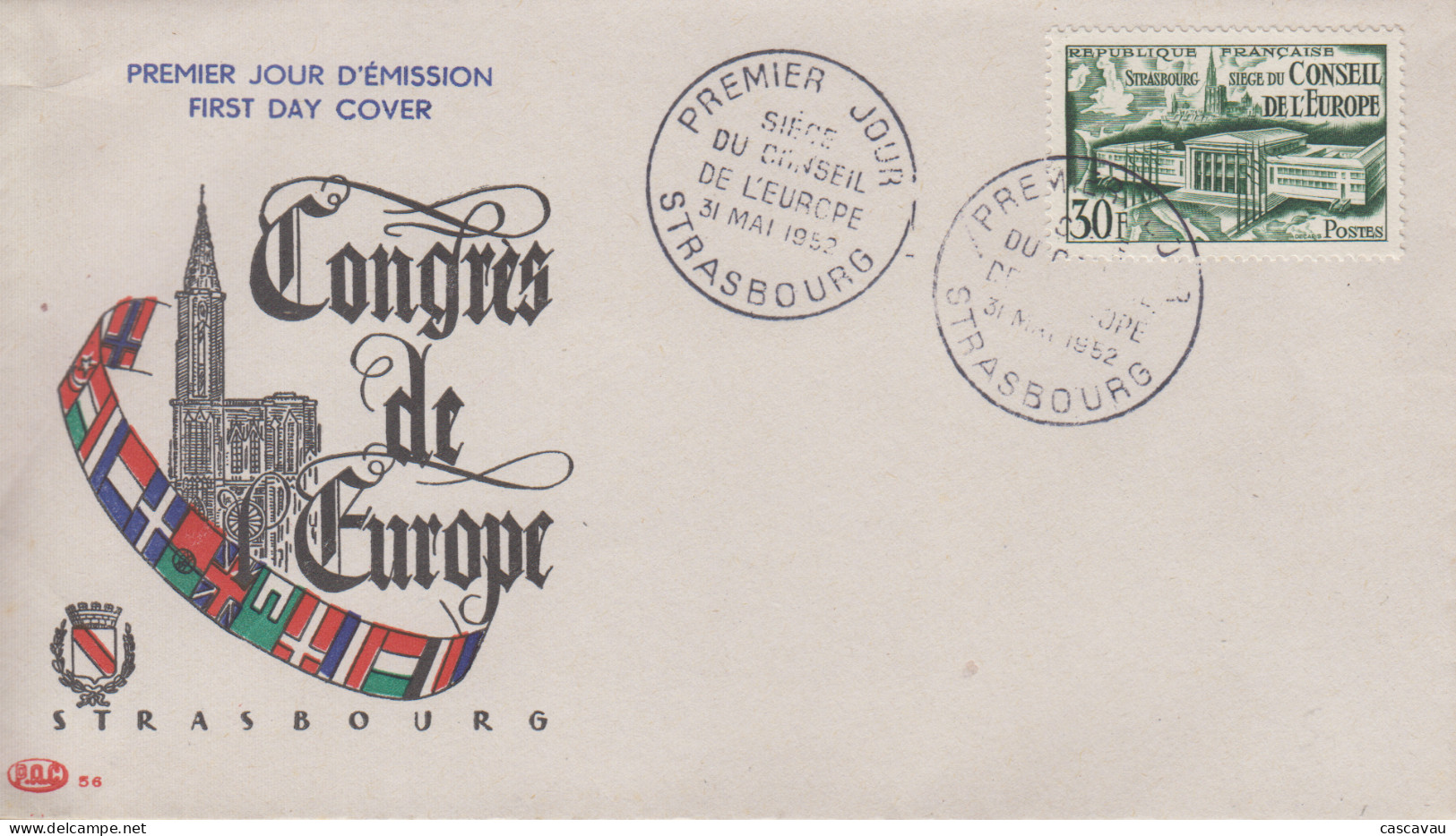 Enveloppe   FDC  1er   Jour    FRANCE    Siége  Du  Conseil  De  L' Europe   STRASBOURG    1952 - 1950-1959