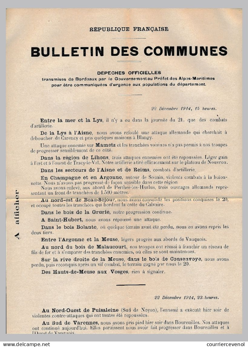 Dépêche Officielle Du Gouvernement - Préfecture Des Alpes Maritimes - NICE 23/12/1914 - Document Inclus - Lettres & Documents