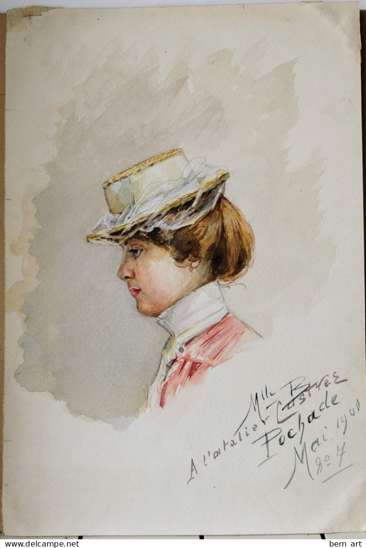 AQUARELLE- POCHADE. "Buste De Jeune Femme élégante Au Chapeau Rond ". Signée Datée 1900 N°7 - Aquarelles