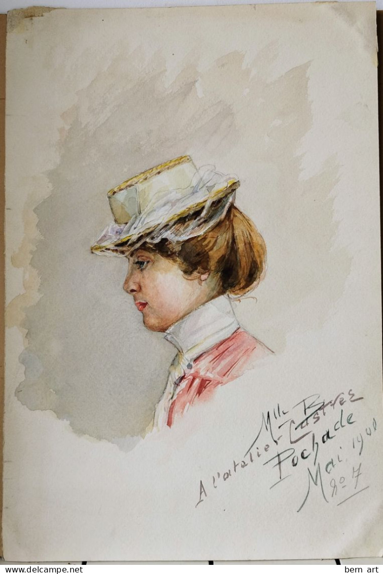 AQUARELLE- POCHADE. "Buste De Jeune Femme élégante Au Chapeau Rond ". Signée Datée 1900 N°7 - Aquarel