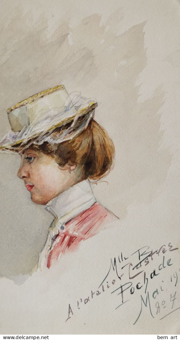 AQUARELLE- POCHADE. "Buste De Jeune Femme élégante Au Chapeau Rond ". Signée Datée 1900 N°7 - Wasserfarben