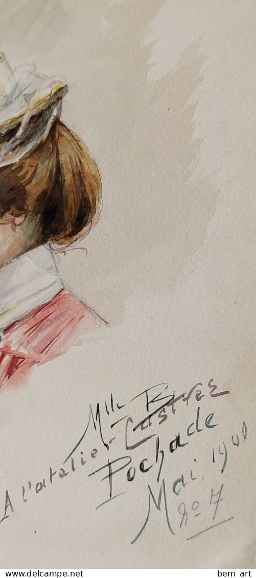 AQUARELLE- POCHADE. "Buste De Jeune Femme élégante Au Chapeau Rond ". Signée Datée 1900 N°7 - Watercolours