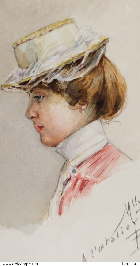 AQUARELLE- POCHADE. "Buste De Jeune Femme élégante Au Chapeau Rond ". Signée Datée 1900 N°7 - Aquarelles