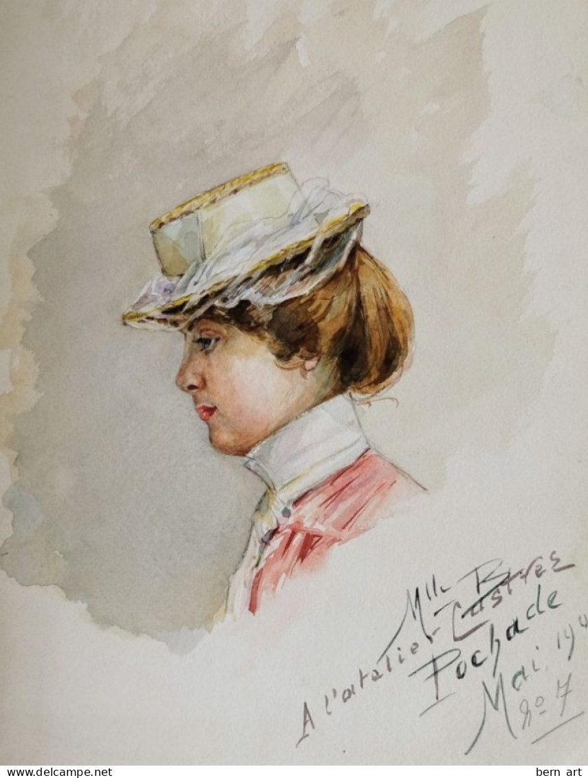 AQUARELLE- POCHADE. "Buste De Jeune Femme élégante Au Chapeau Rond ". Signée Datée 1900 N°7 - Wasserfarben