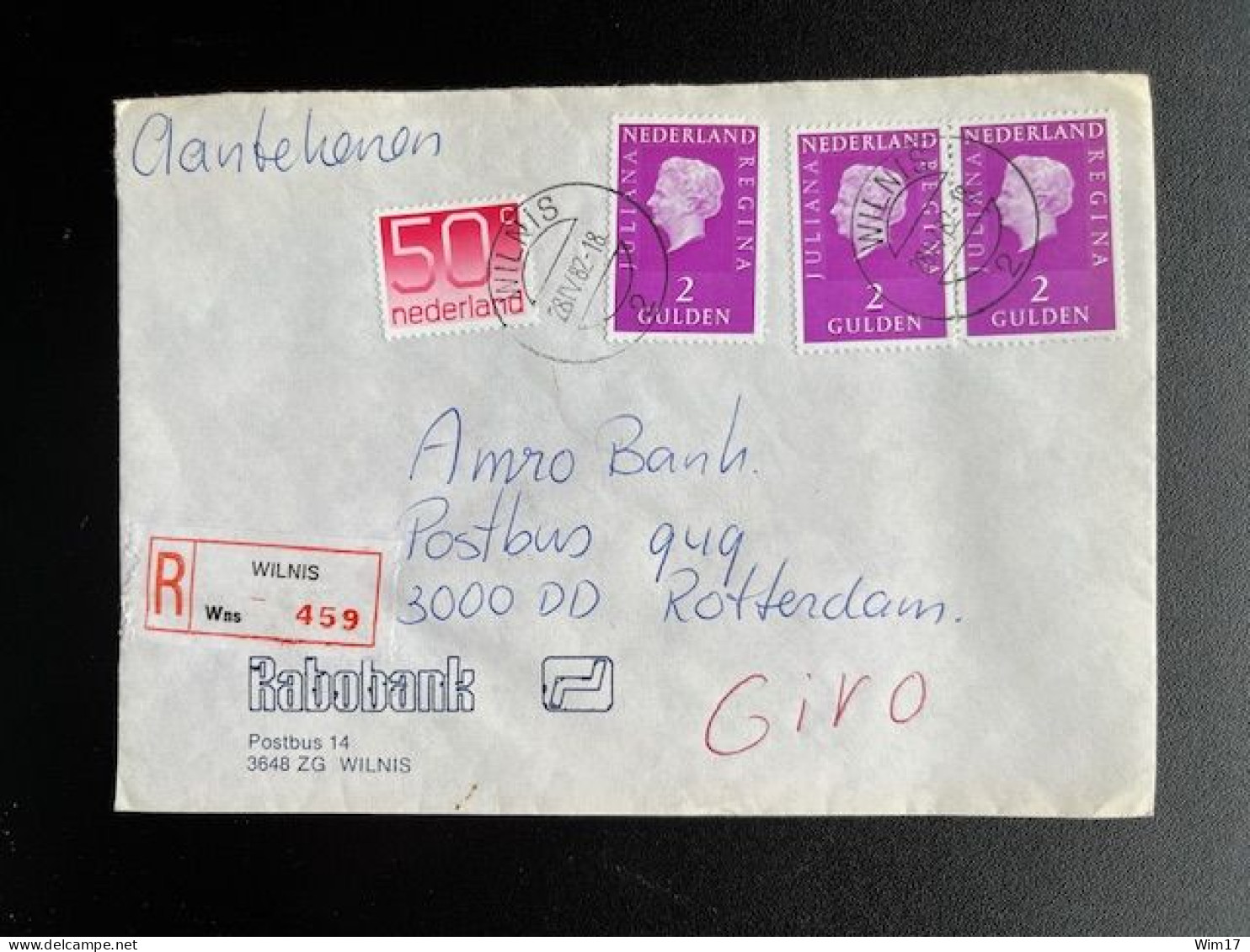NETHERLANDS 1982 REGISTERED LETTER WILNIS TO ROTTERDAM 28-04-1982 NEDERLAND AANGETEKEND - Storia Postale