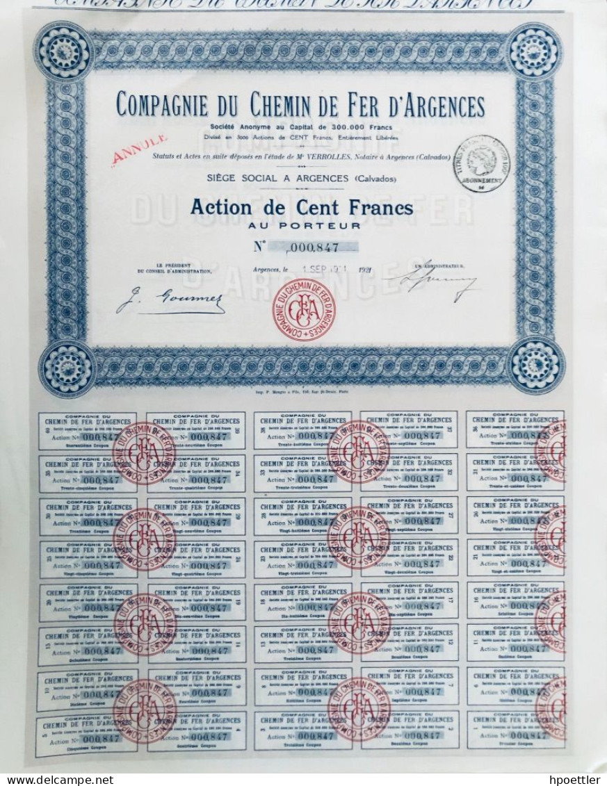 Argences 1921/1931: Compagnie Du Chemins De Fer D'Argences - Avec Coupons - Spoorwegen En Trams