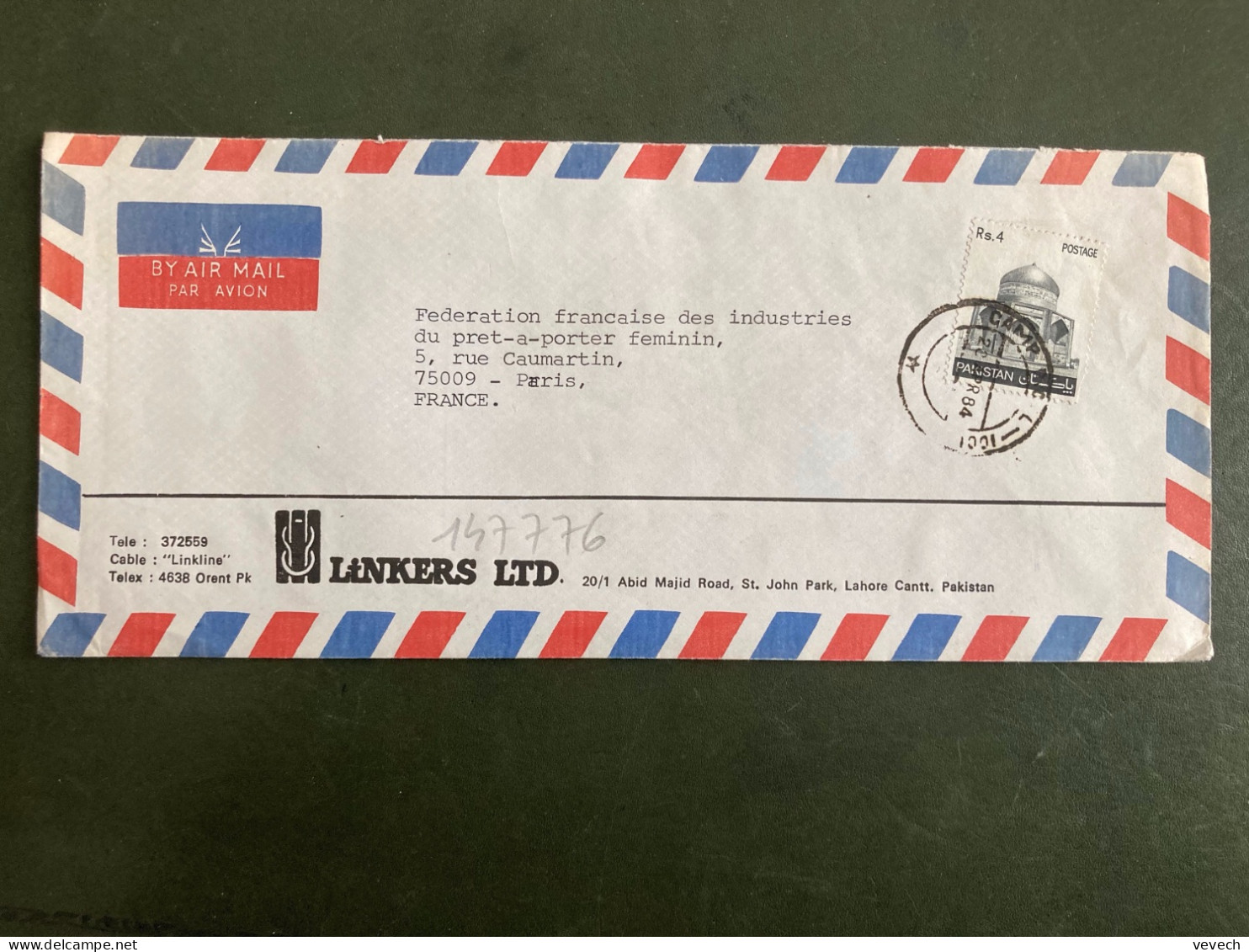 LETTRE LANKERS LTD Par Avion Pour La FRANCE TP Rs 4 OBL.28 APR 84 CAMP - Pakistan