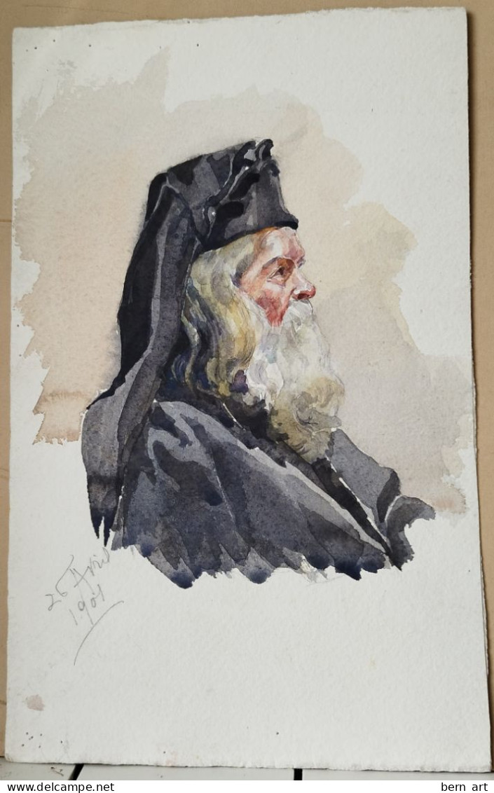 Aquarelle Pochade.-  "Moine Orthodoxe En Buste, à La Barbe Blanche Et La Robe Noire" Signé Datée 1901 - Aquarelles