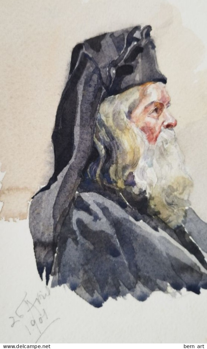 Aquarelle Pochade.-  "Moine Orthodoxe En Buste, à La Barbe Blanche Et La Robe Noire" Signé Datée 1901 - Wasserfarben